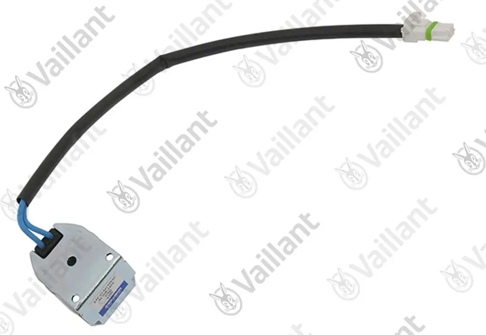 Magnetspule von Vaillant mit Kabel und Steckverbindung, zur Verwendung in Heizsystemen. Schlichte, metallische Konstruktion mit Anschlussleitungen.